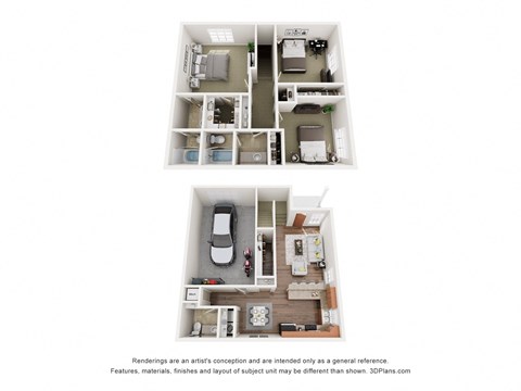 A floor plan of a small apartment with two bedrooms and a living area.